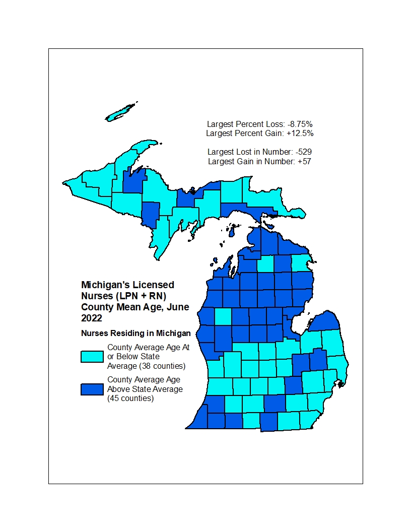 map depicting nurse mean age by county in 2022